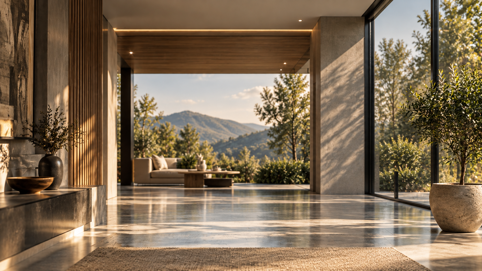 Minimalist architectural villa interior and mountain landscape